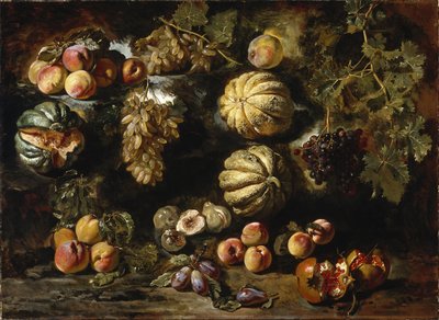 Stillleben mit Melonen, Pfirsichen, Feigen und Trauben, um 1640-1650 von Michele Pace del Campidoglio